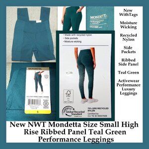 New NWT Mondetta Sz Small High Rise Ribbed Panel Teal Green Performance Leggings